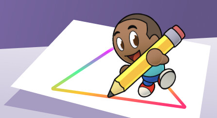 A cartoonish person holding a huge pencil and drawing a triangle.