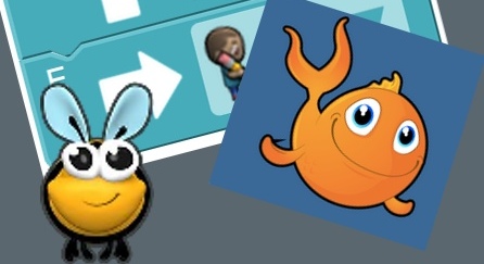 The Code.org bumble bee and orange fish standing in front of some code.