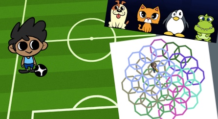 A collage of Code.org puzzles showing soccer, pets, and an artist.