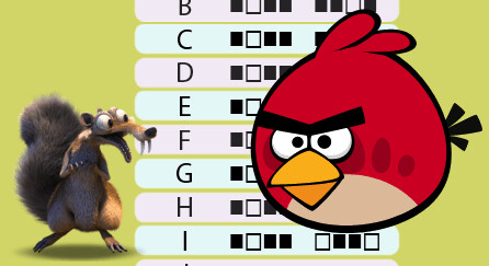 A collage of Code.org puzzles showing a squirrel, binary numbers, and a red bird from the game Angry Birds.