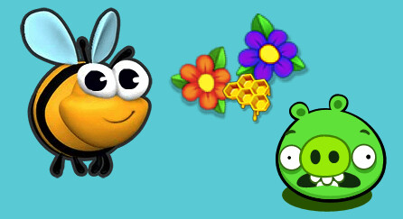 A collage of Code.org puzzles showing a bee, flowers, honey, and a green pig from the game Angry Birds.