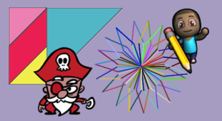 A collage of Code.org puzzles showing colorful geometric shapes, a red pirate, and an artist.