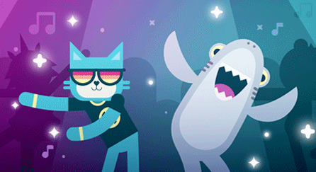 A cool cat and happy shark dancing at a party.